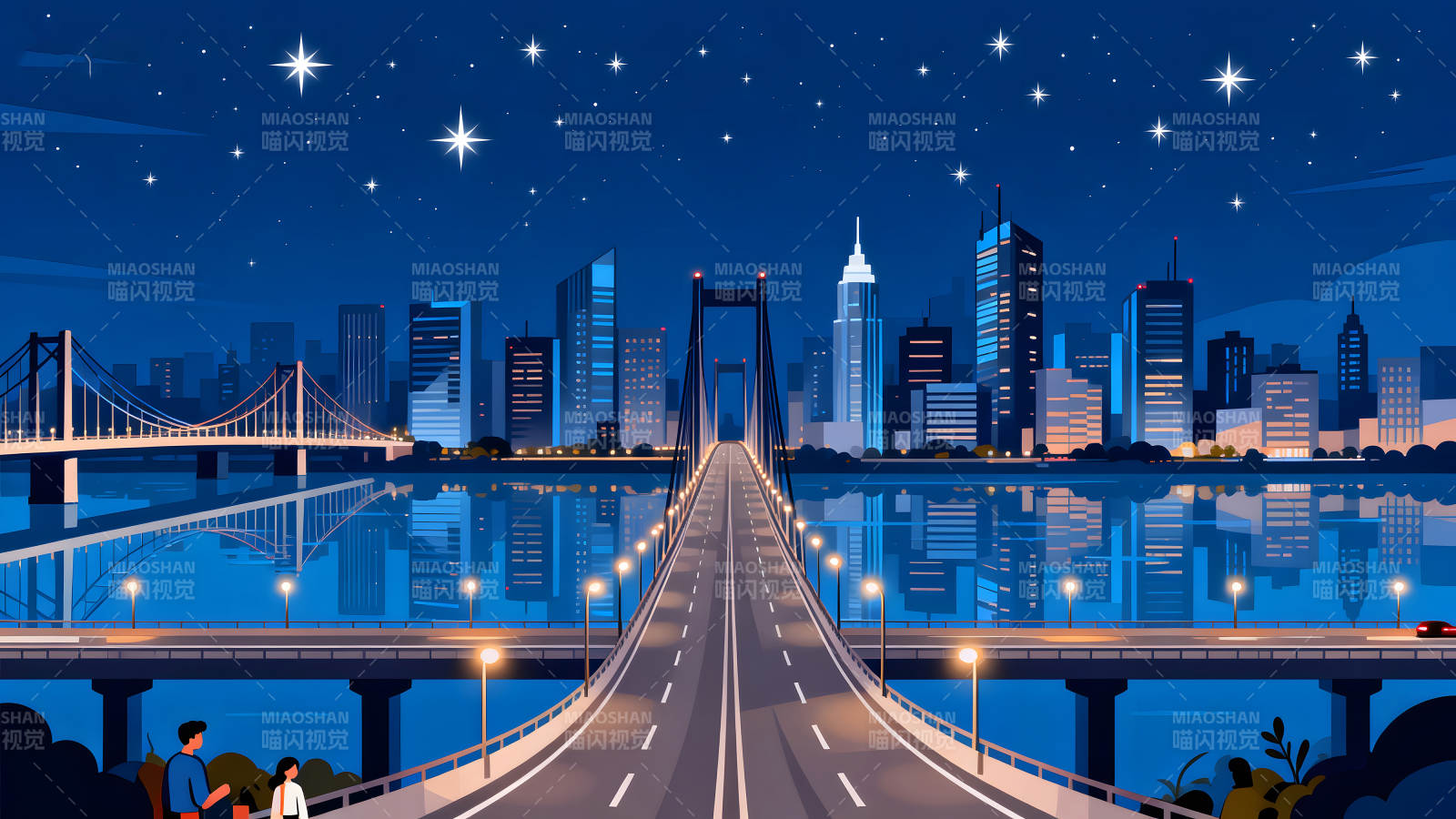 夜幕下的城市橋梁與星空-圖片