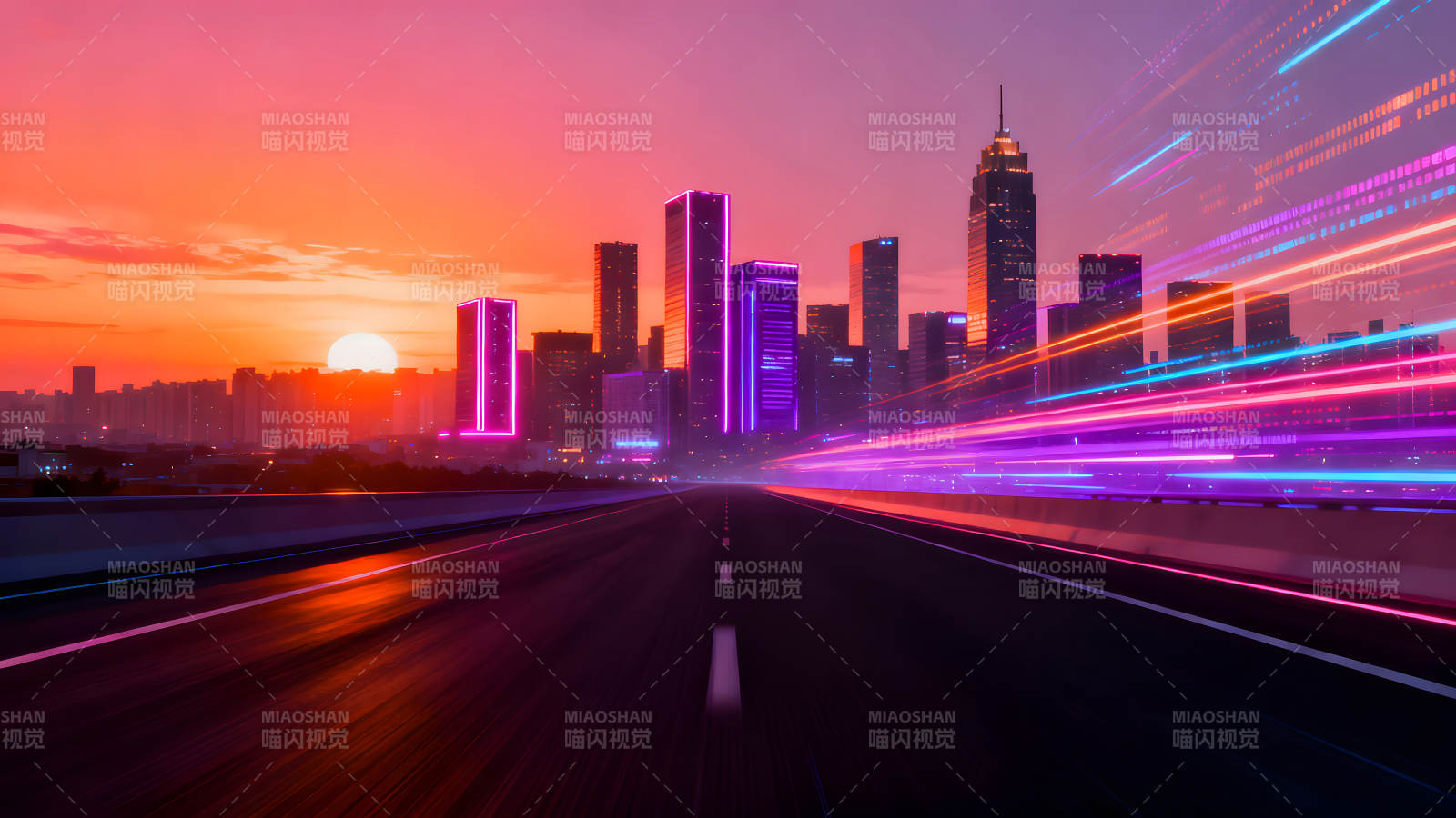 城市夜景與光軌交織的公路-圖片