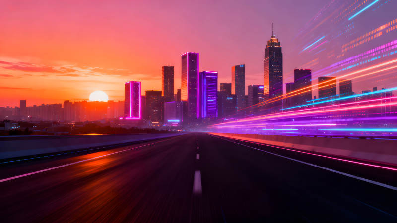 城市夜景與光軌交織的公路-圖片