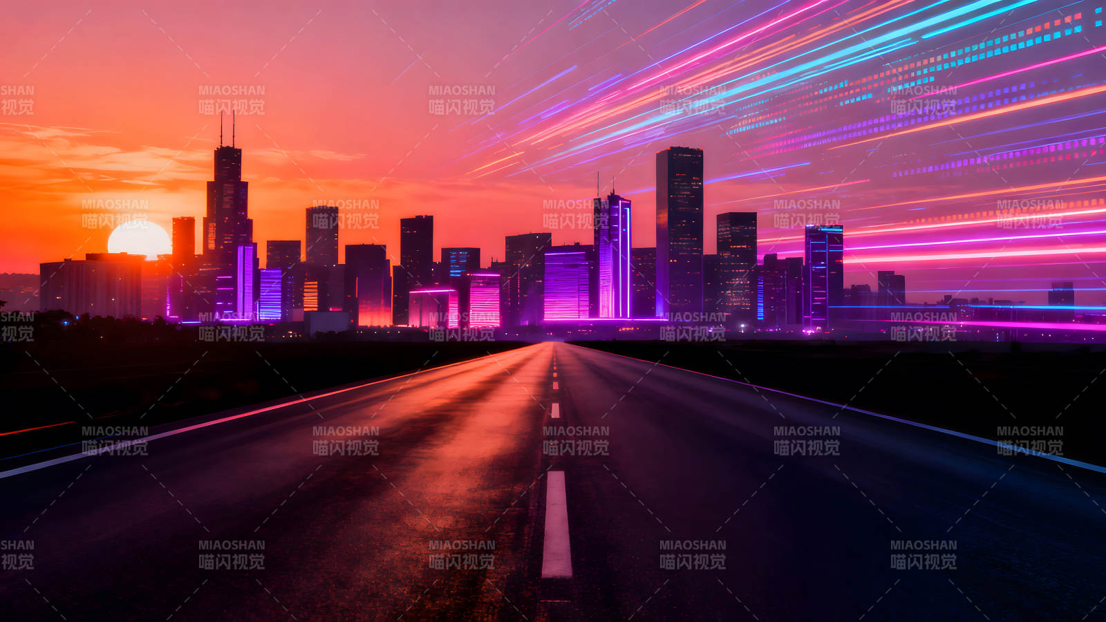 霓虹燈城市道路風景-圖片