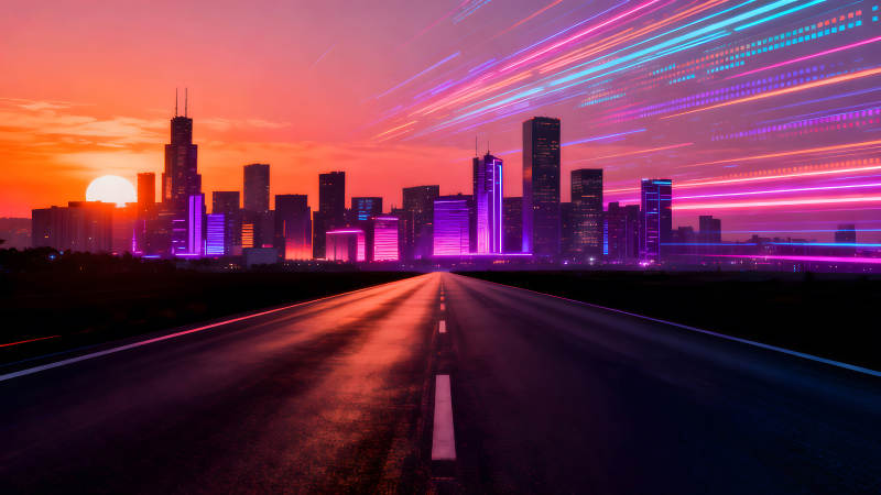 霓虹燈城市道路風景-圖片