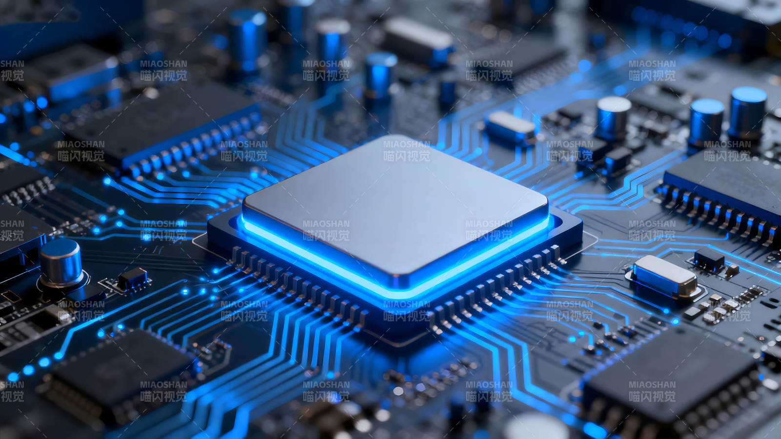 电路板特写蓝色发光科技感十足-图片