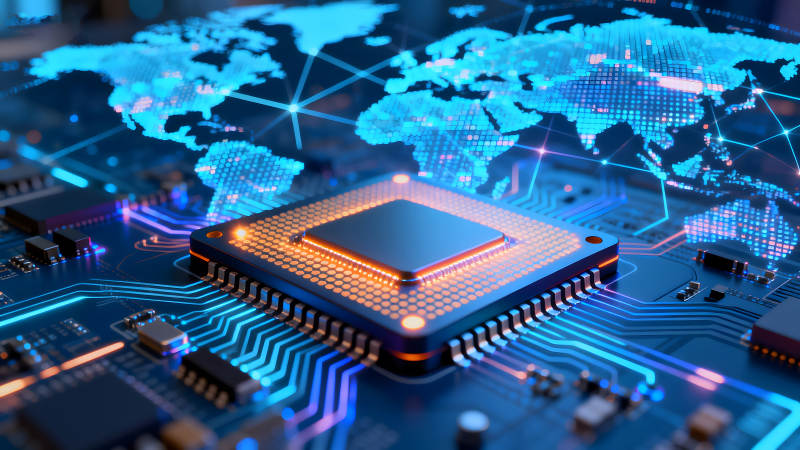 CPU芯片与世界地图连接的科技图像-图片