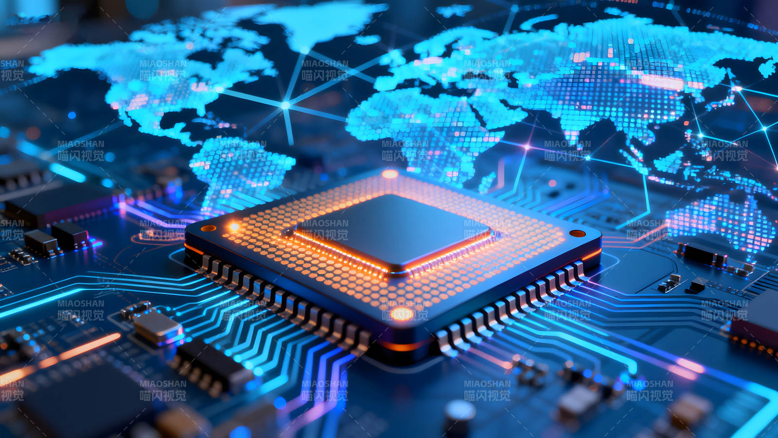 CPU芯片与世界地图连接的科技图像-图片