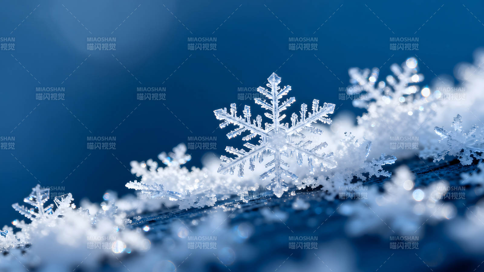 雪花晶莹剔透在蓝色背景上闪耀图片