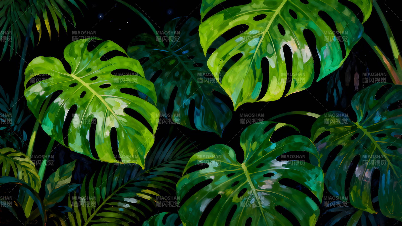 夜晚的綠葉叢林繪畫-圖片