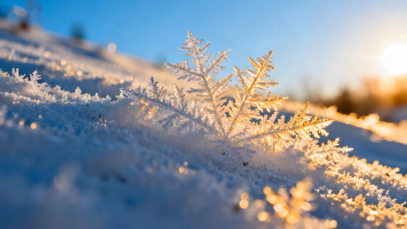 雪花晶瑩剔透陽光照射-圖片
