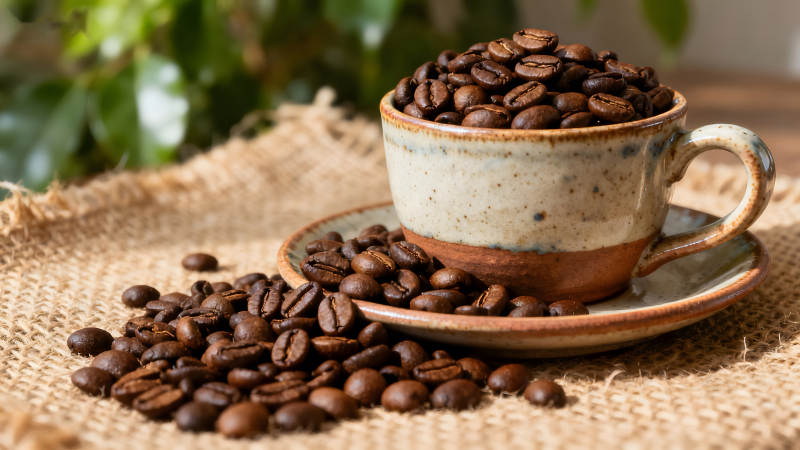 咖啡豆堆满瓷杯置于粗布之上-图片