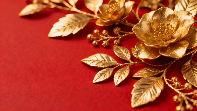 金葉與紅底的華麗裝飾-圖片