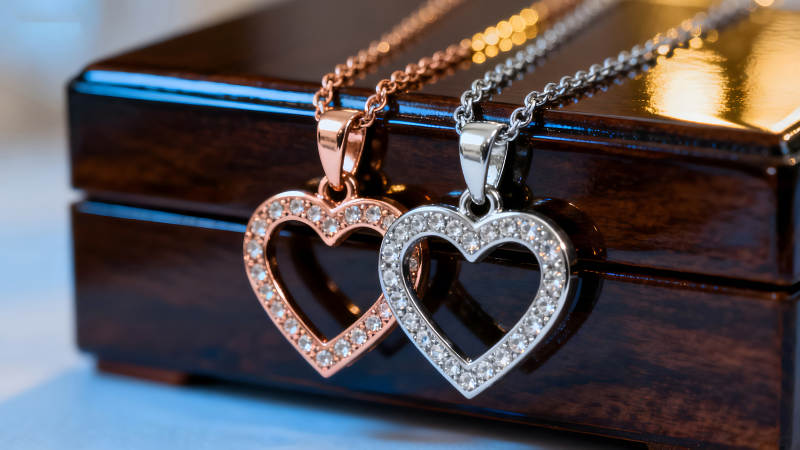 兩顆心形鑲鉆項鏈置于木盒上-圖片