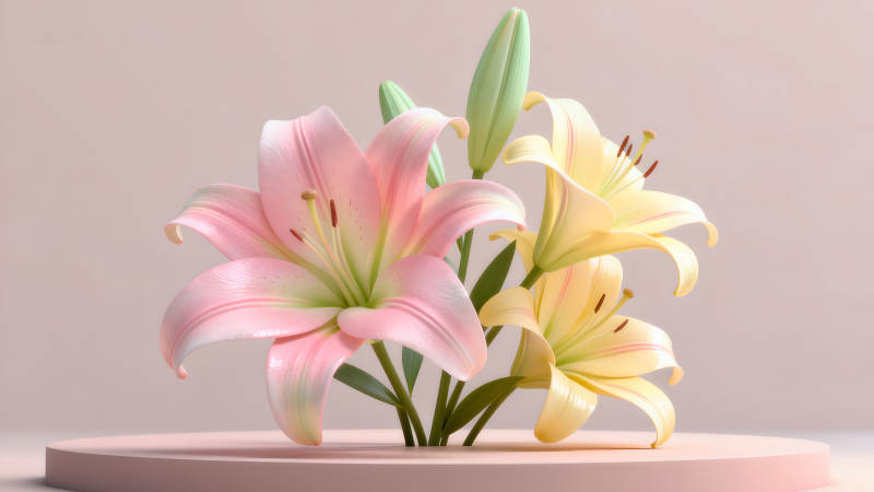 粉色百合花束在圓臺上盛開-圖片