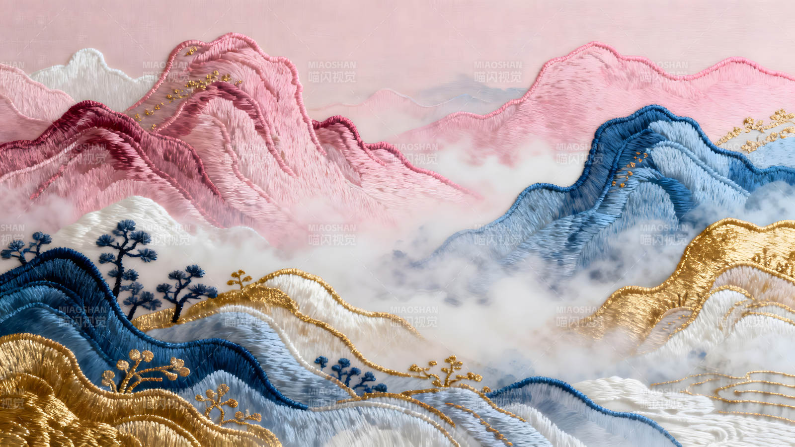 绣品山水风光云雾缭绕图片