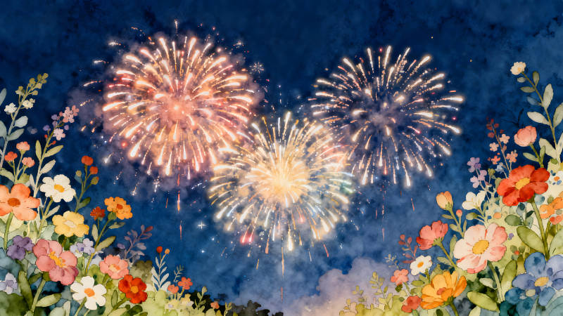 夜晚煙花盛開鮮花盛開-圖片