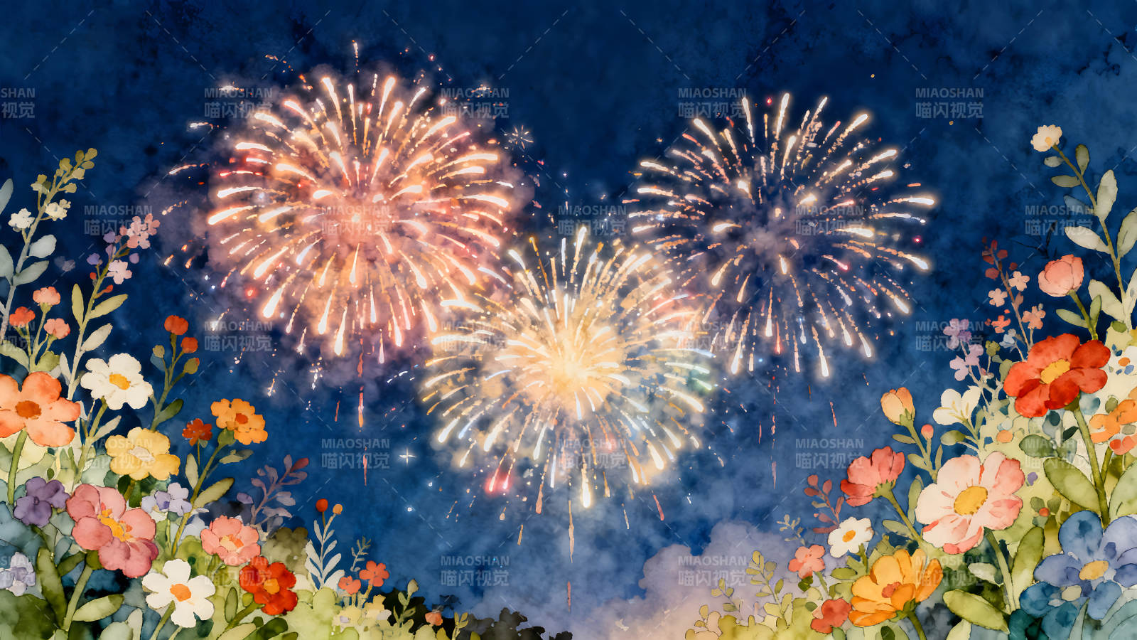 夜晚煙花盛開鮮花盛開-圖片