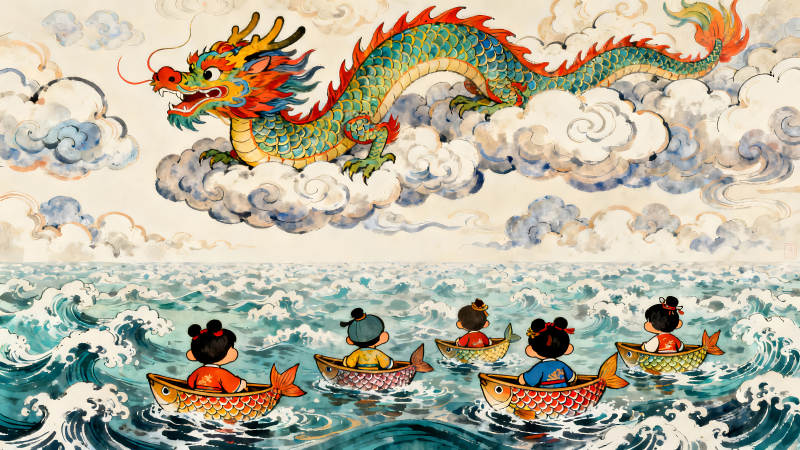龙与孩童乘船嬉戏图-图片