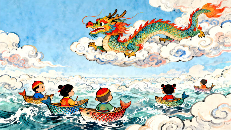 龙舟竞渡云中戏龙-图片