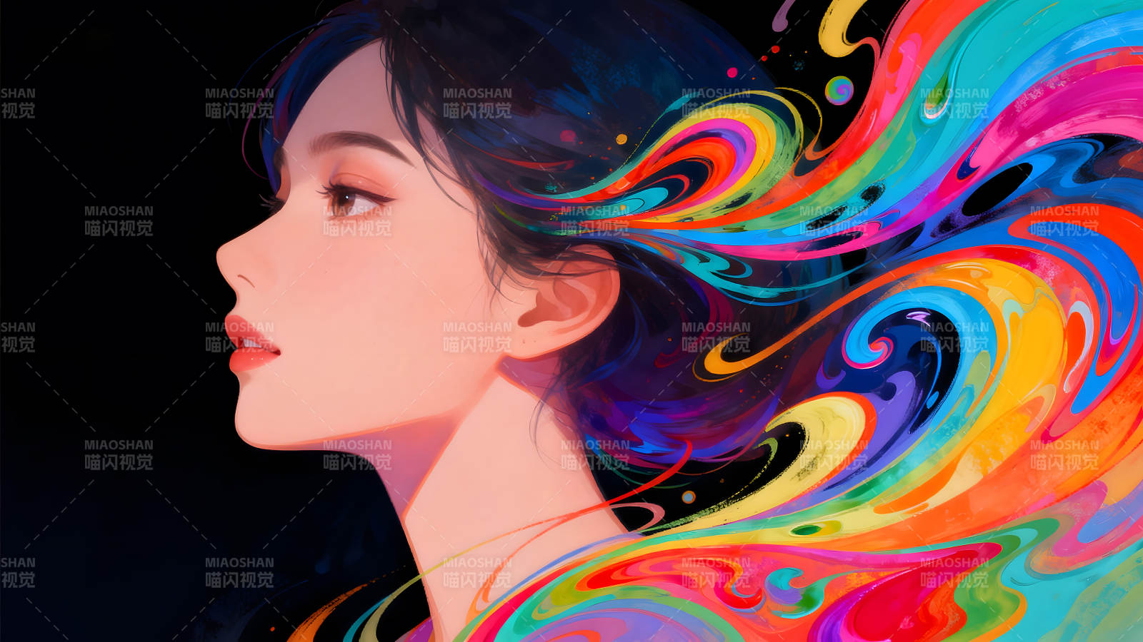 女孩侧脸与彩色光线交织-图片