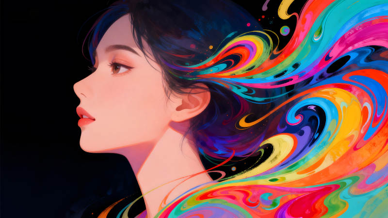 女孩侧脸与彩色光线交织-图片