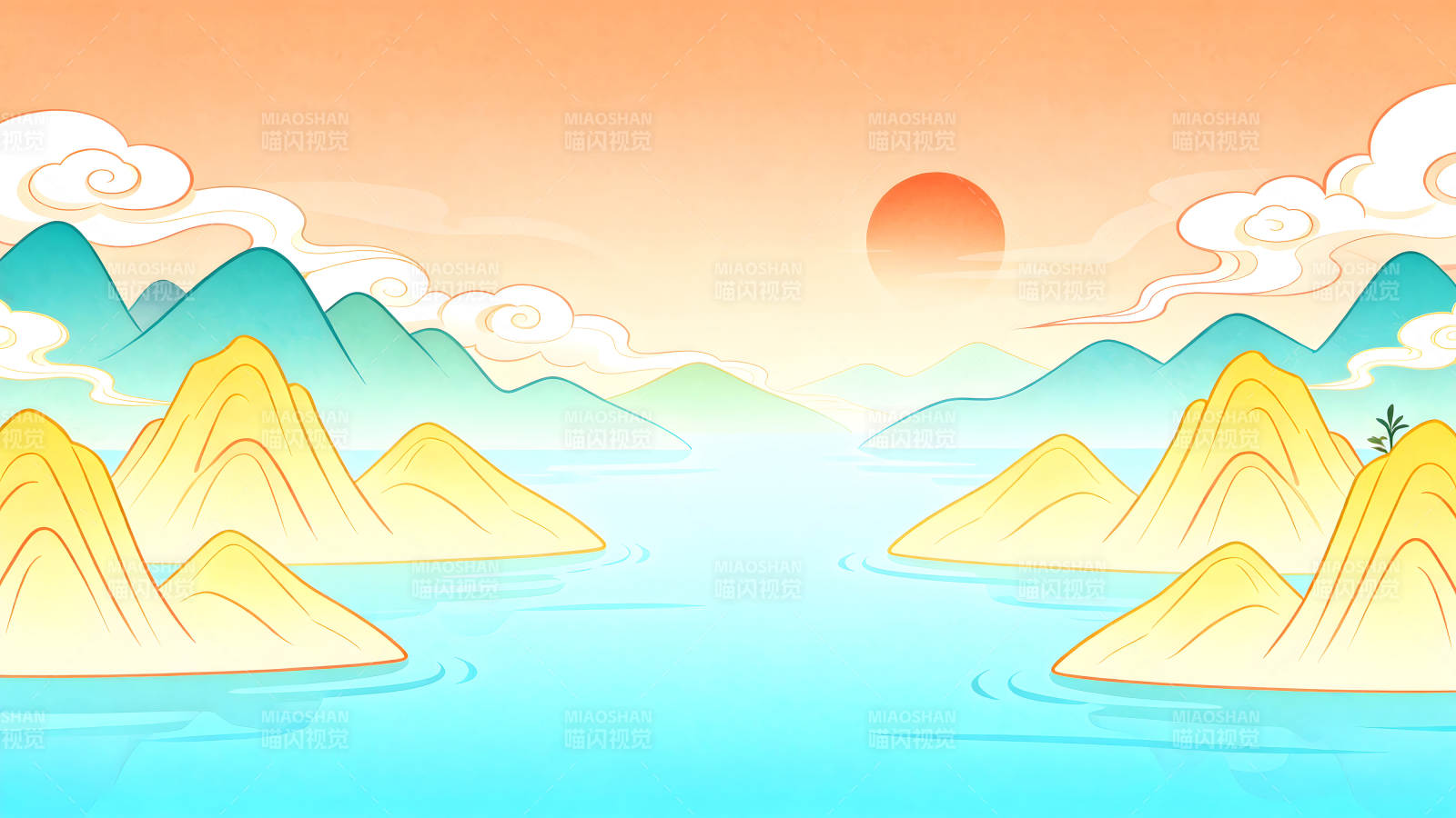 水墨山水畫日出風景-圖片