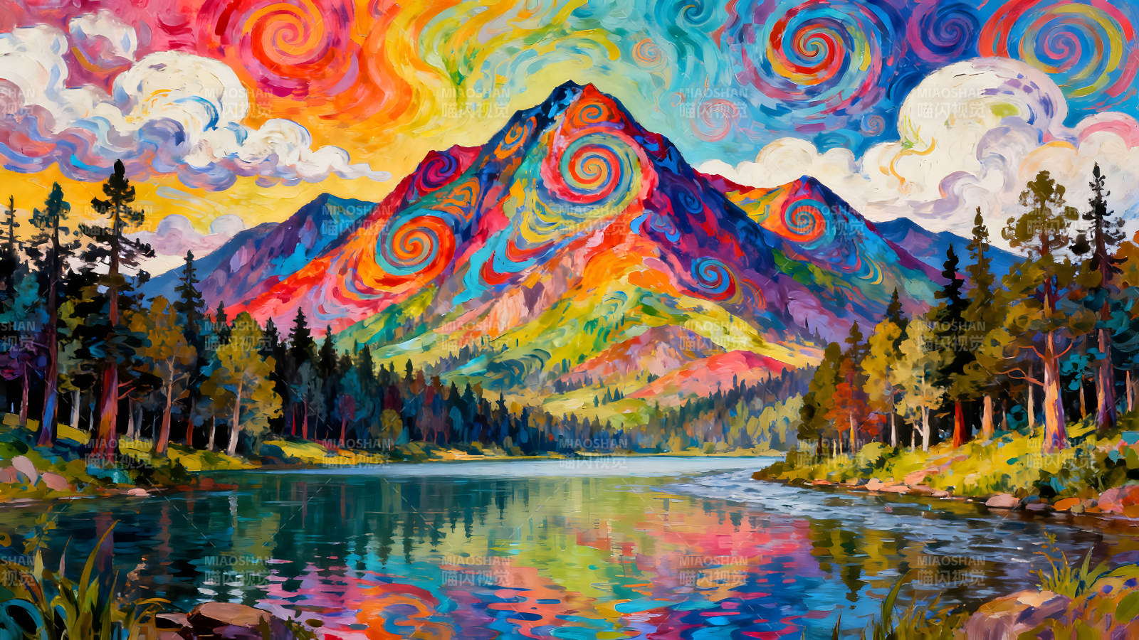 絢爛山水油畫彩虹漩渦奇景-圖片