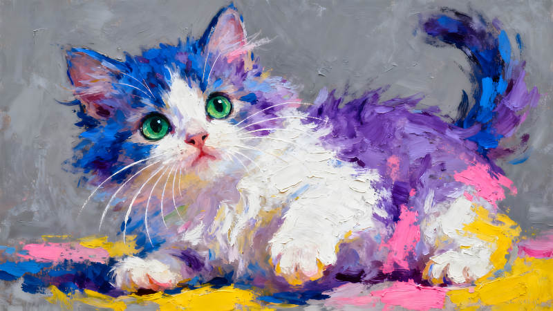 油画小猫色彩鲜艳表情可爱-图片