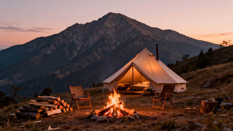 夜晚露營篝火點燃山間景色美好-圖片
