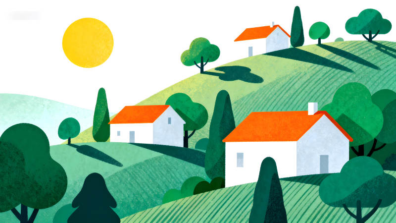 乡村风景阳光明媚房屋树木-图片