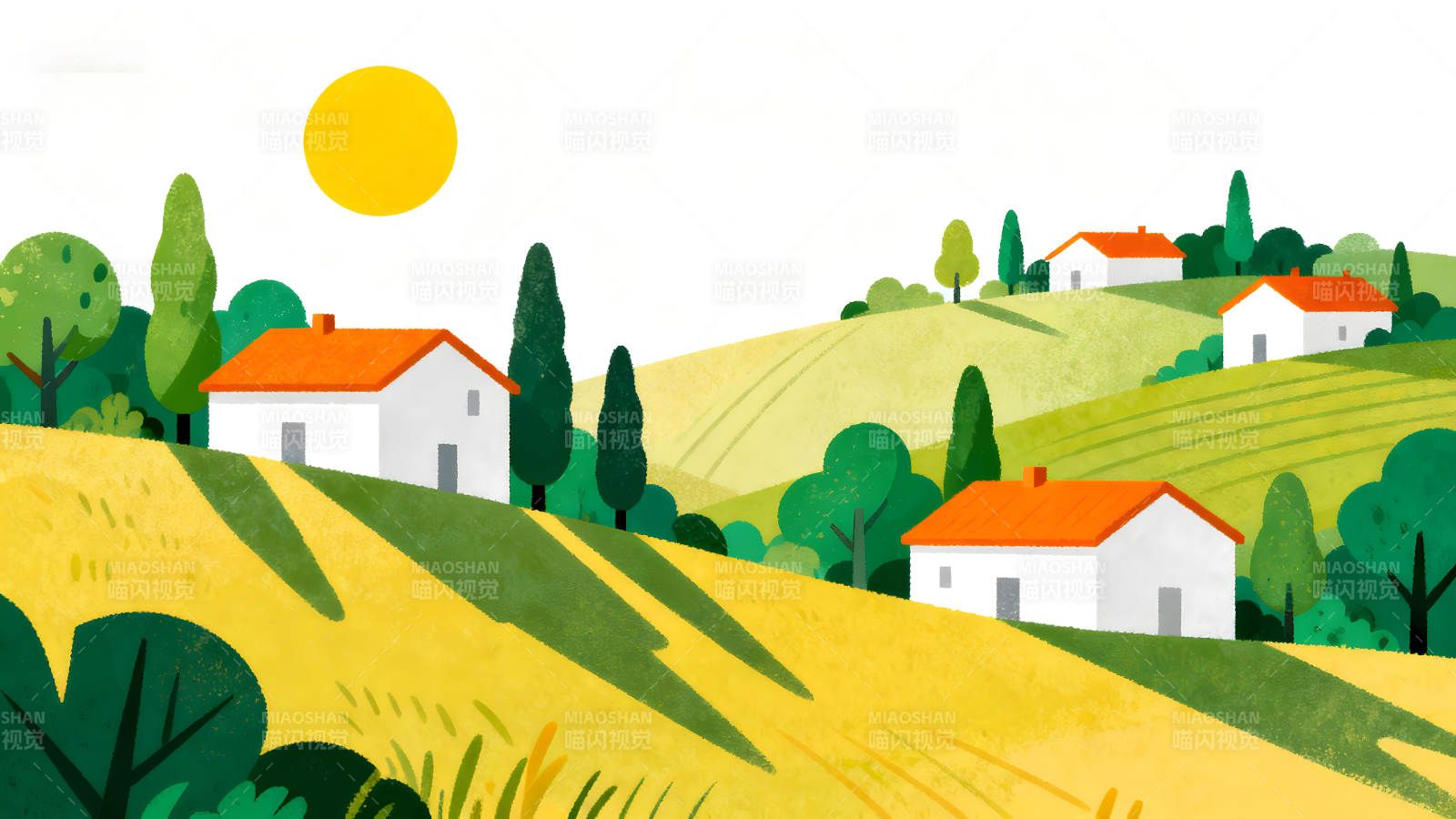 乡村风景绘画阳光明媚房屋点缀-图片