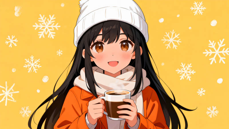 冬季动漫女孩手捧咖啡-图片