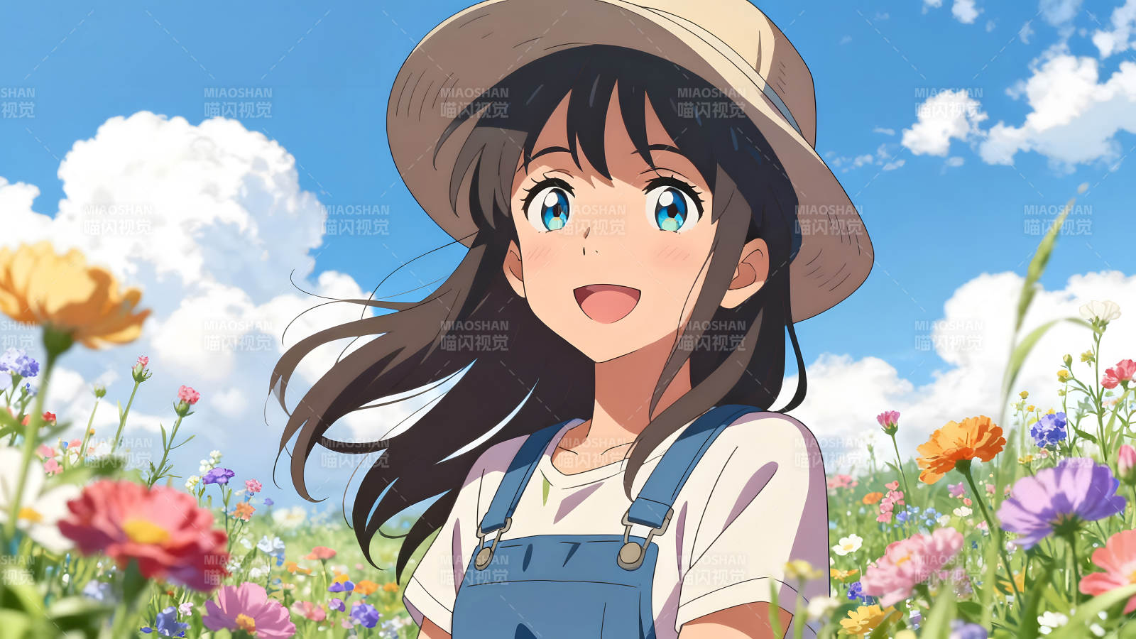 动漫少女在花海中微笑的画面图片