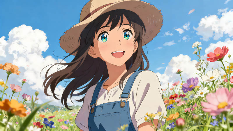 少女在花海中露出发自内心的笑容-图片