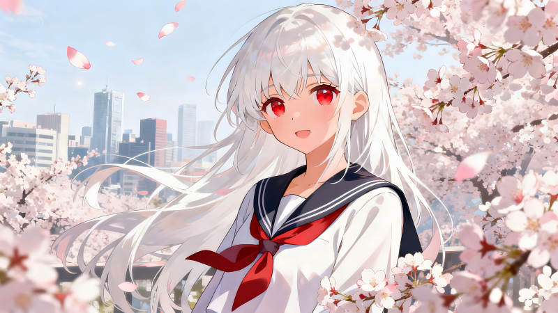 动漫少女樱花树下微笑-图片