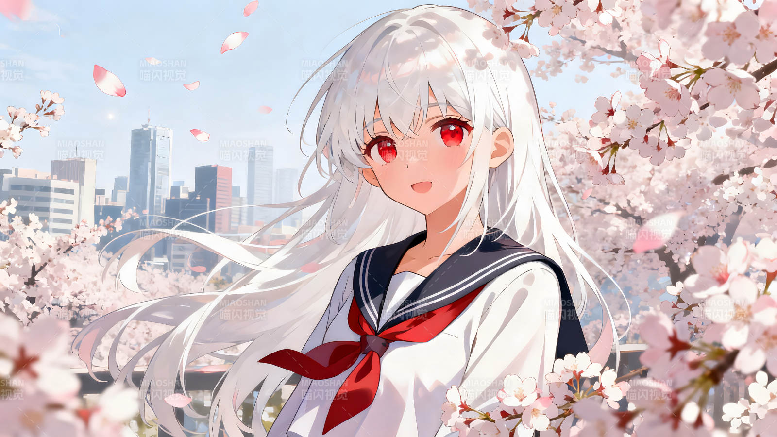 动漫少女樱花树下微笑-图片