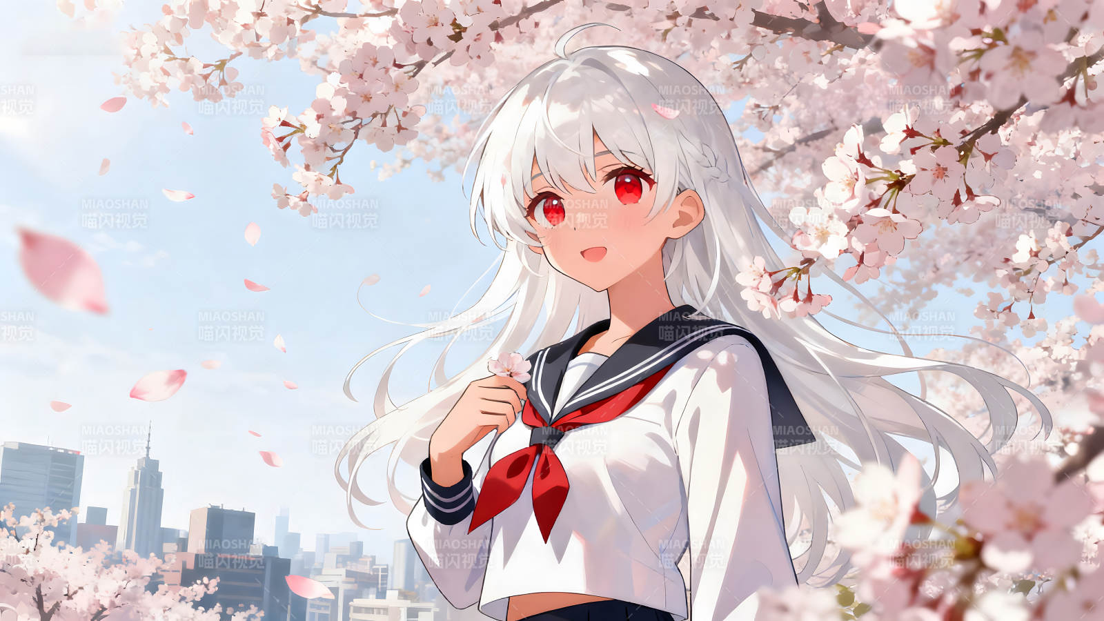 櫻花樹下少女的微笑-圖片