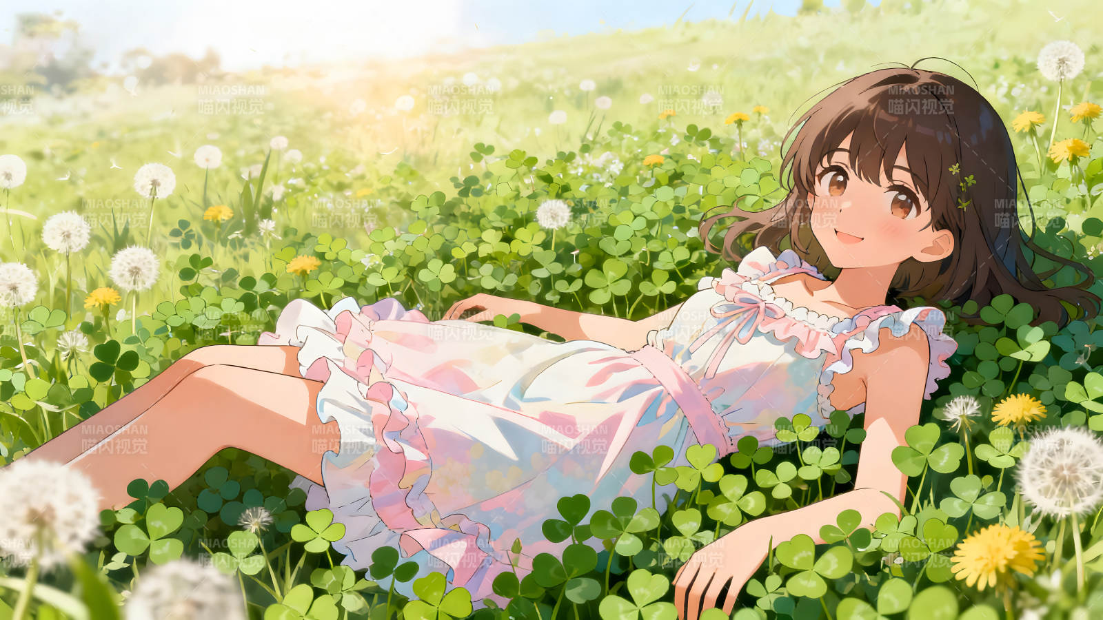 女孩躺在草地上享受阳光-图片