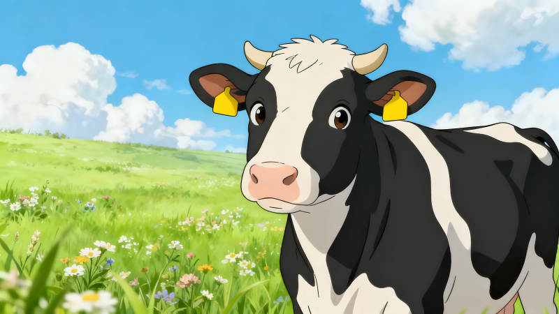 动画风格的奶牛在草地上-图片