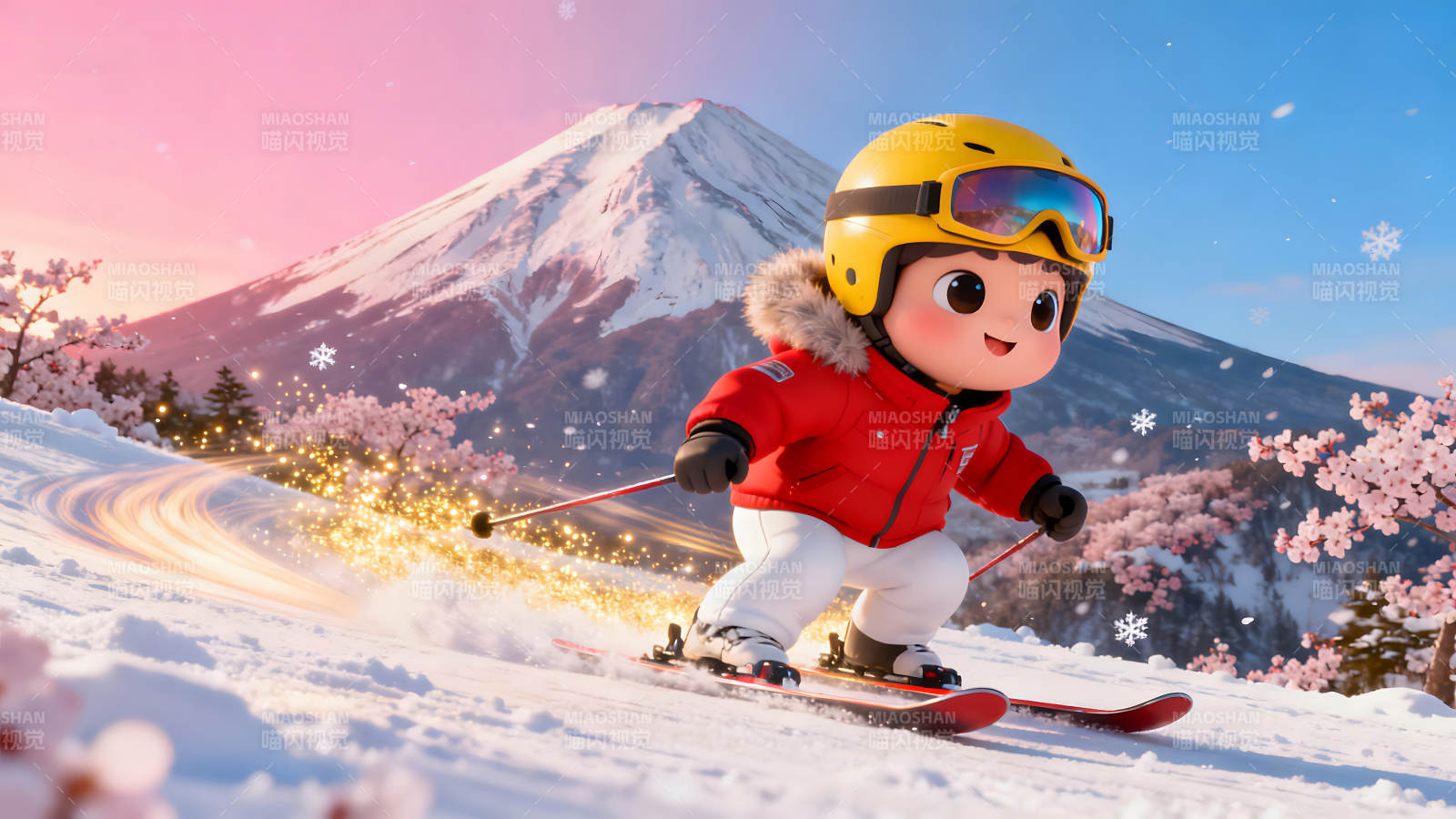卡通人物滑雪富士山下赏樱花-图片