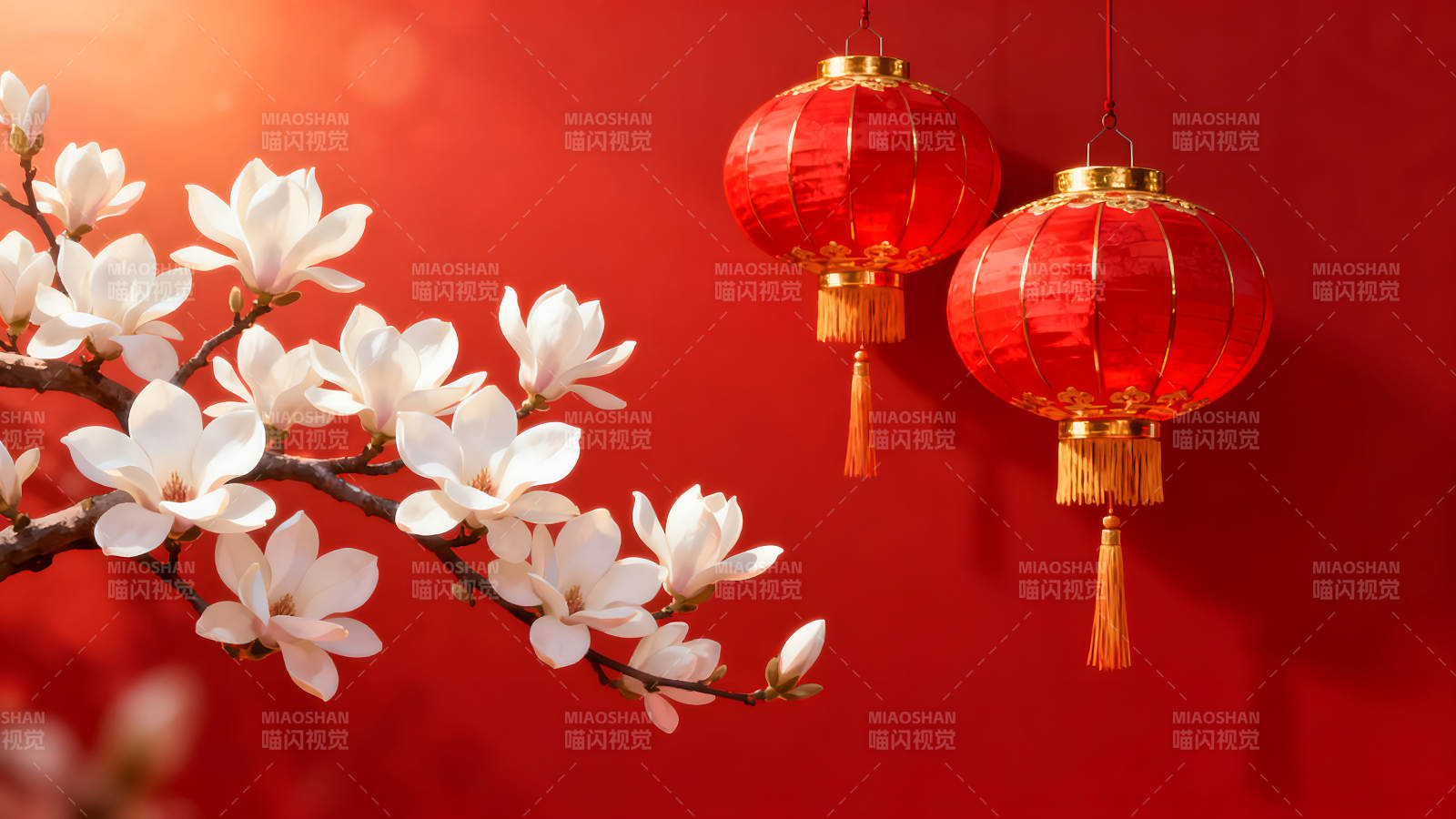 喜慶中國風紅燈籠與白玉蘭-圖片