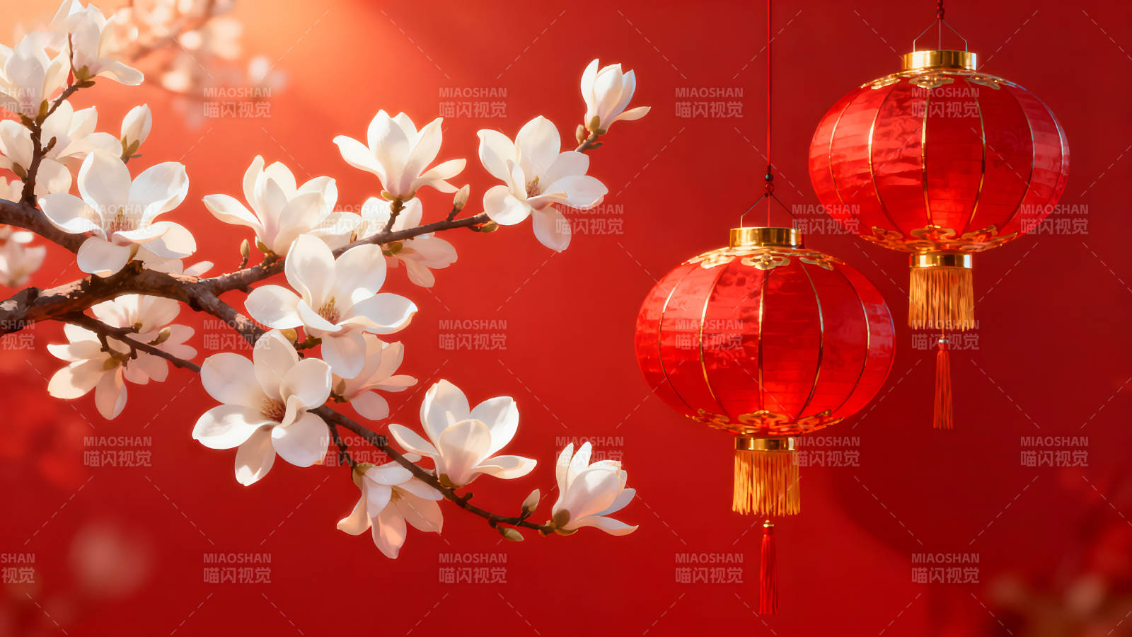紅燈籠與玉蘭花喜慶中國(guó)風(fēng)-圖片
