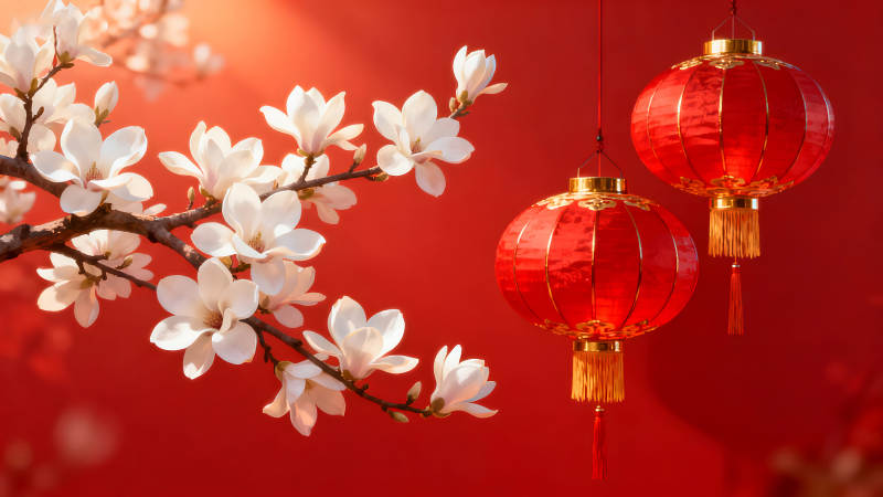 紅燈籠與玉蘭花喜慶中國風-圖片