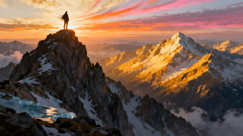 夕陽(yáng)下的山峰與攀登者身影-圖片