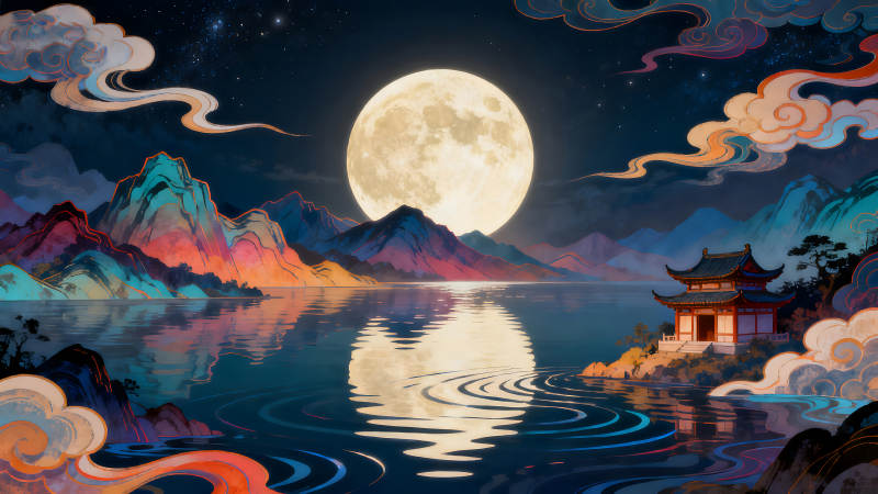 月夜下的山水畫卷湖面倒影意境深遠-圖片