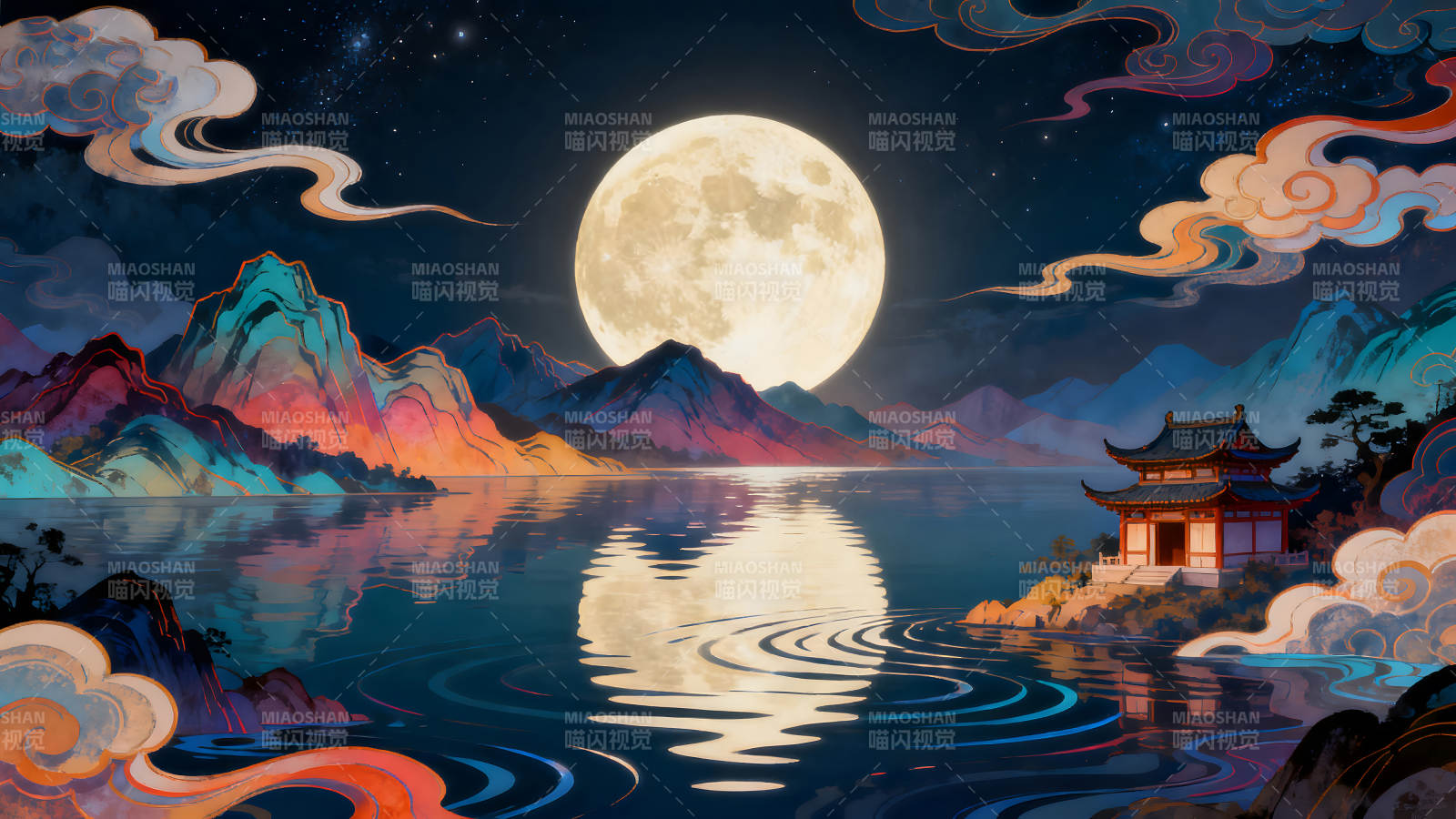 月夜下的山水畫卷湖面倒影意境深遠-圖片