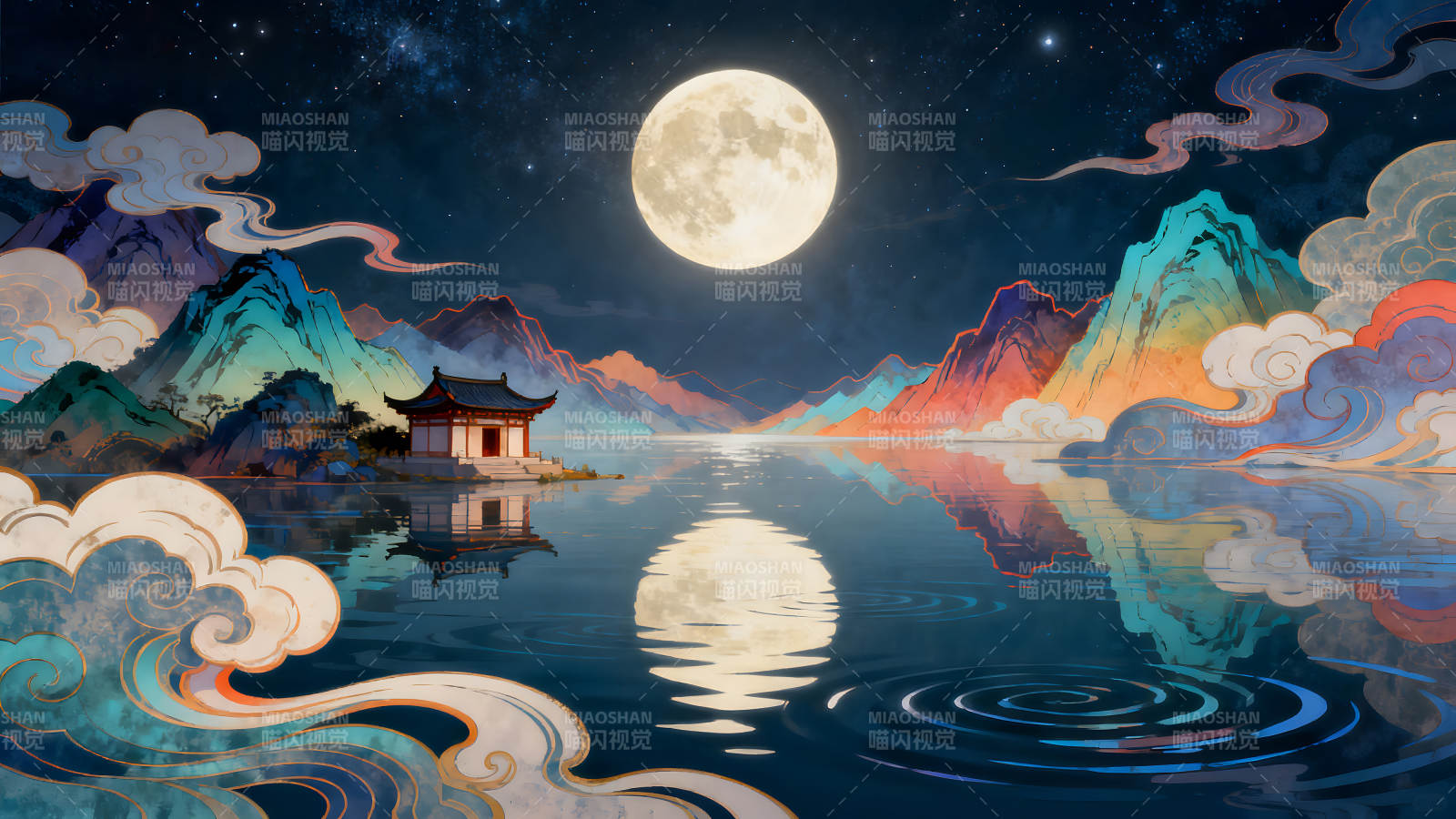 月夜山水畫寧靜祥和-圖片