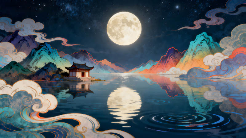 月夜山水畫寧靜祥和-圖片