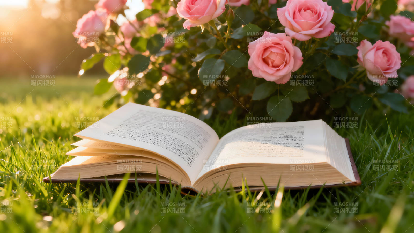 阳光下书本与玫瑰的静谧时光图片