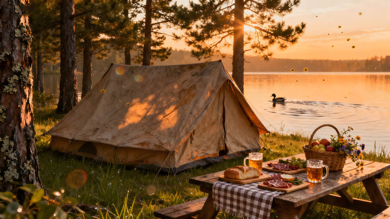湖畔野餐露營氛圍-圖片