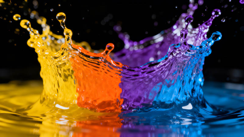 彩色的水溅跃在黑色背景下呈现-图片