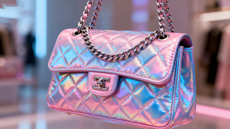 粉色幻彩菱格纹链条包-图片