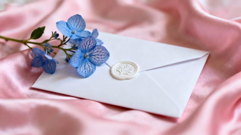 信封与蓝花在粉色丝绸上-图片